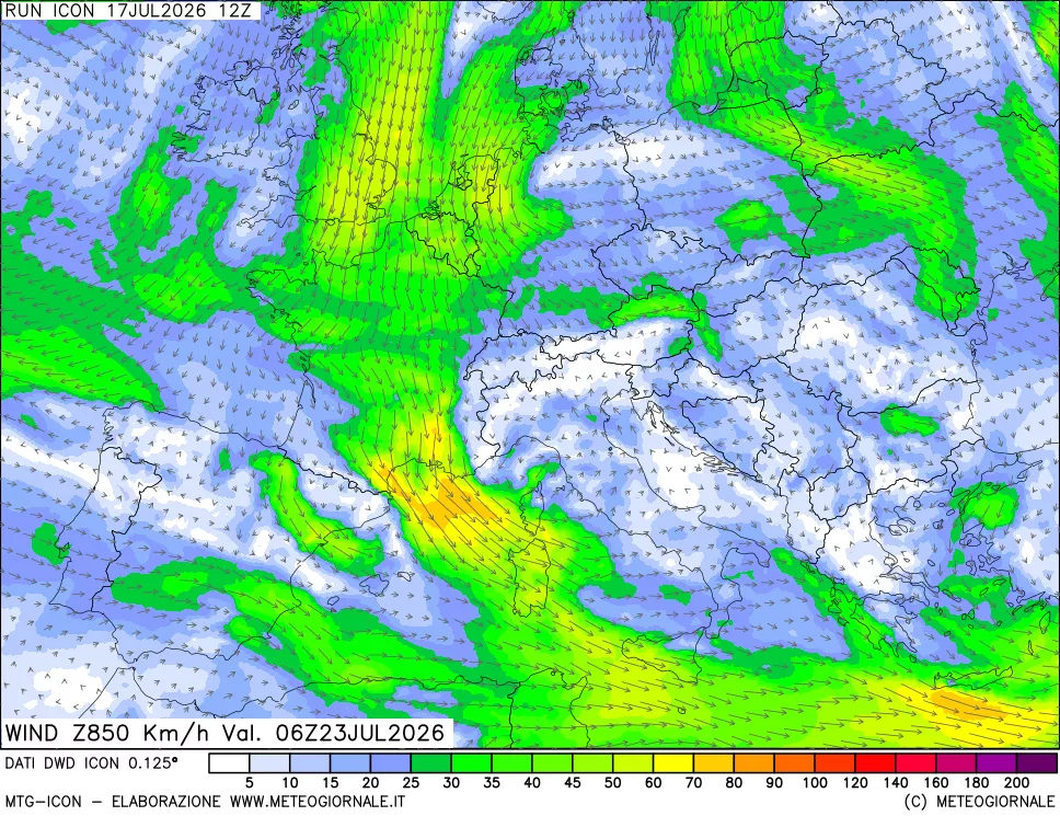 mappa 850 hPa Vento forza e direzione