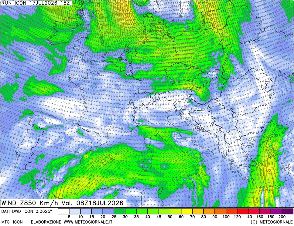 mappa 850 hPa Vento forza e direzione