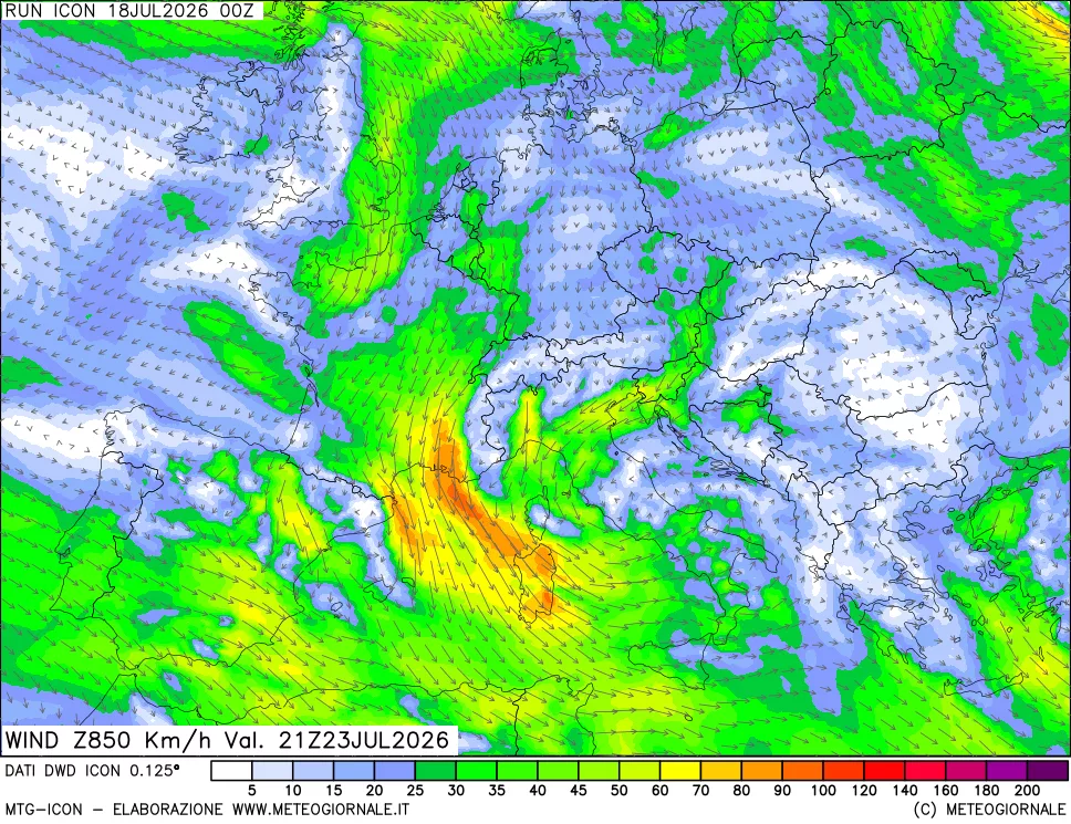 mappa 850 hPa Vento forza e direzione