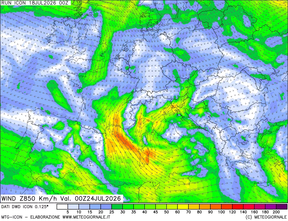 mappa 850 hPa Vento forza e direzione
