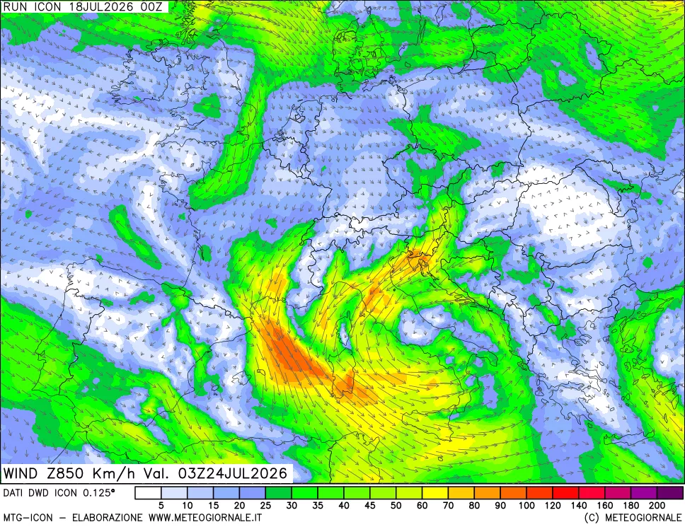 mappa 850 hPa Vento forza e direzione