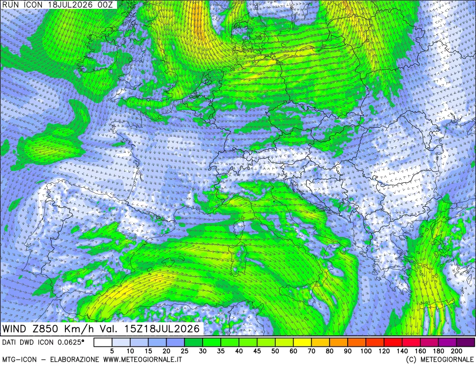 mappa 850 hPa Vento forza e direzione