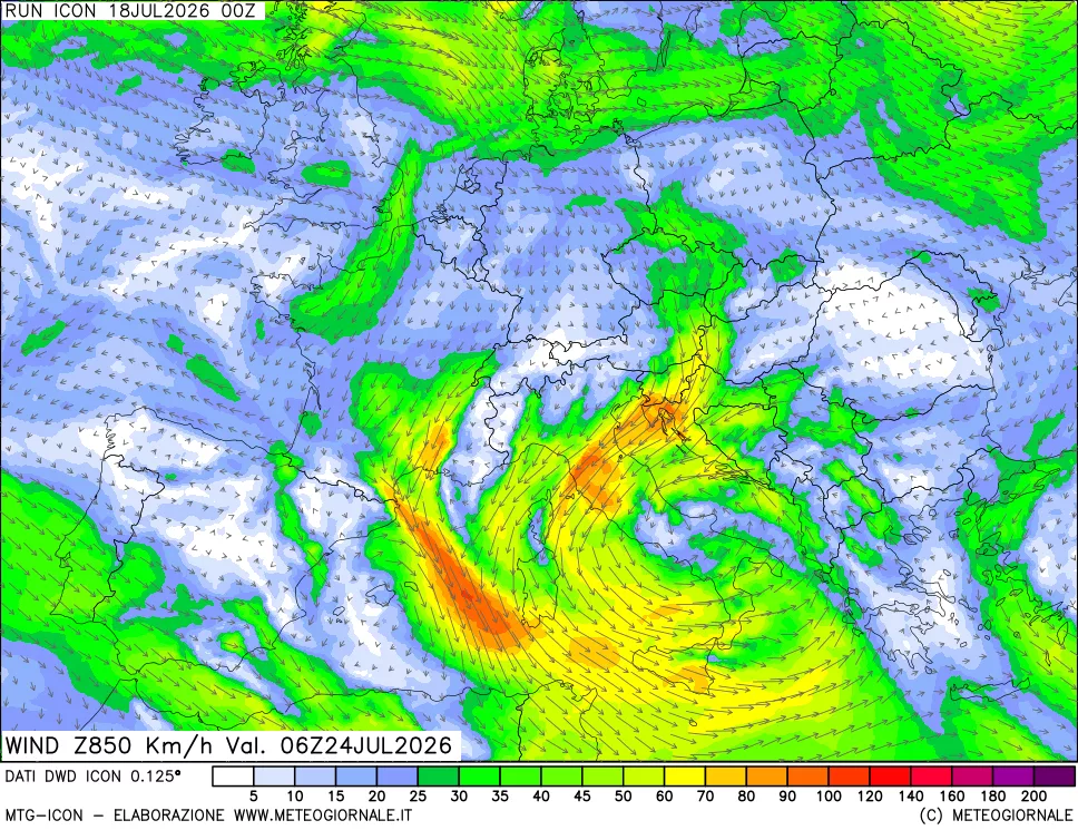 mappa 850 hPa Vento forza e direzione