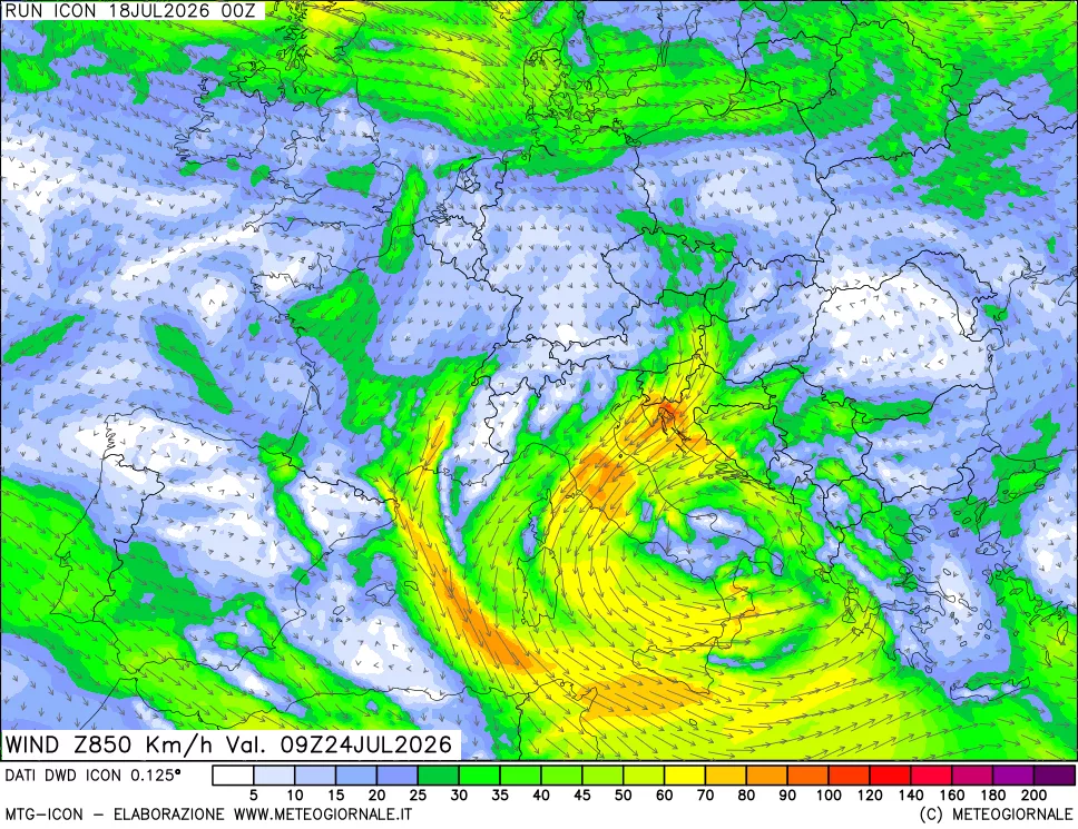 mappa 850 hPa Vento forza e direzione