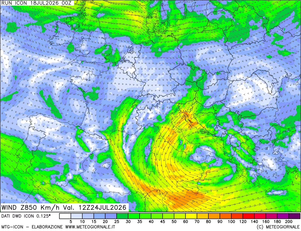 mappa 850 hPa Vento forza e direzione