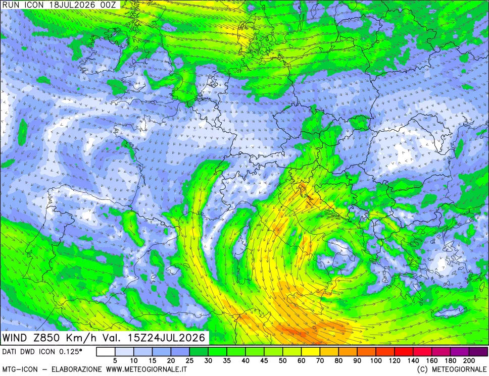 mappa 850 hPa Vento forza e direzione