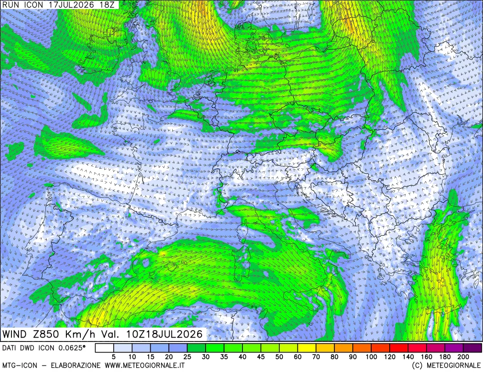 mappa 850 hPa Vento forza e direzione