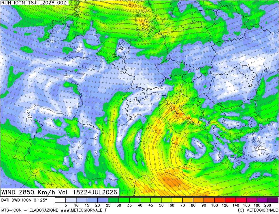 mappa 850 hPa Vento forza e direzione