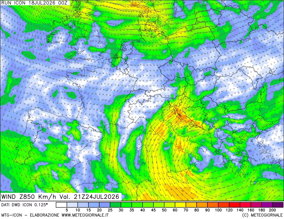 mappa 850 hPa Vento forza e direzione