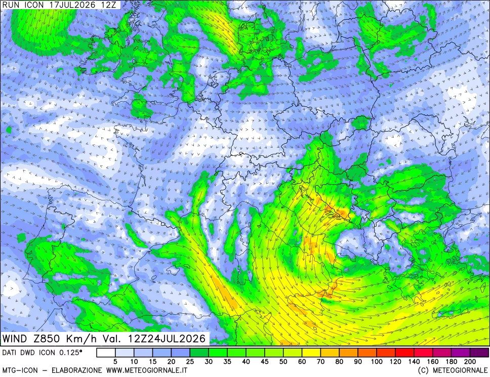 mappa 850 hPa Vento forza e direzione