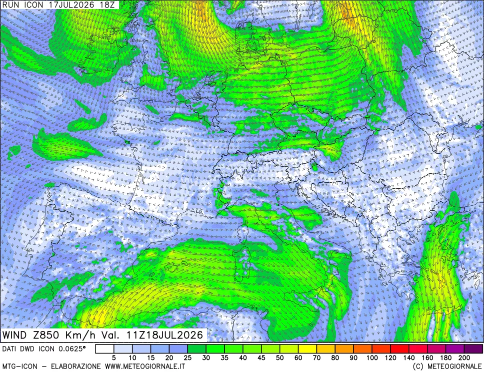 mappa 850 hPa Vento forza e direzione