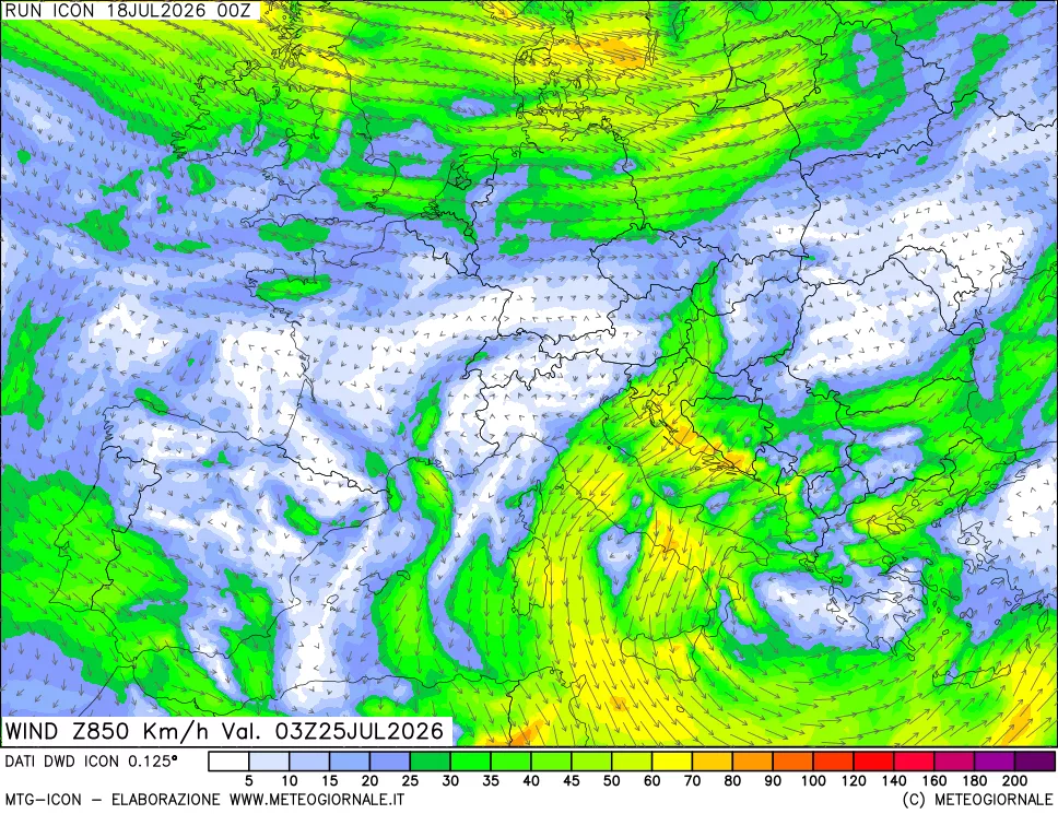 mappa 850 hPa Vento forza e direzione