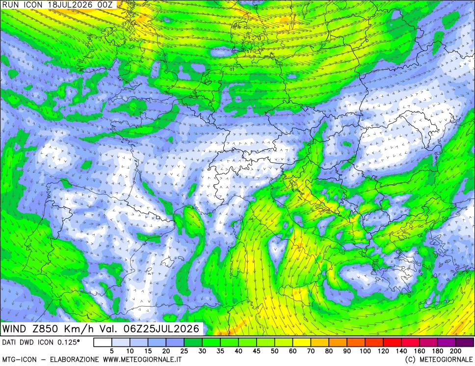 mappa 850 hPa Vento forza e direzione