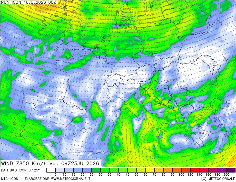 mappa 850 hPa Vento forza e direzione