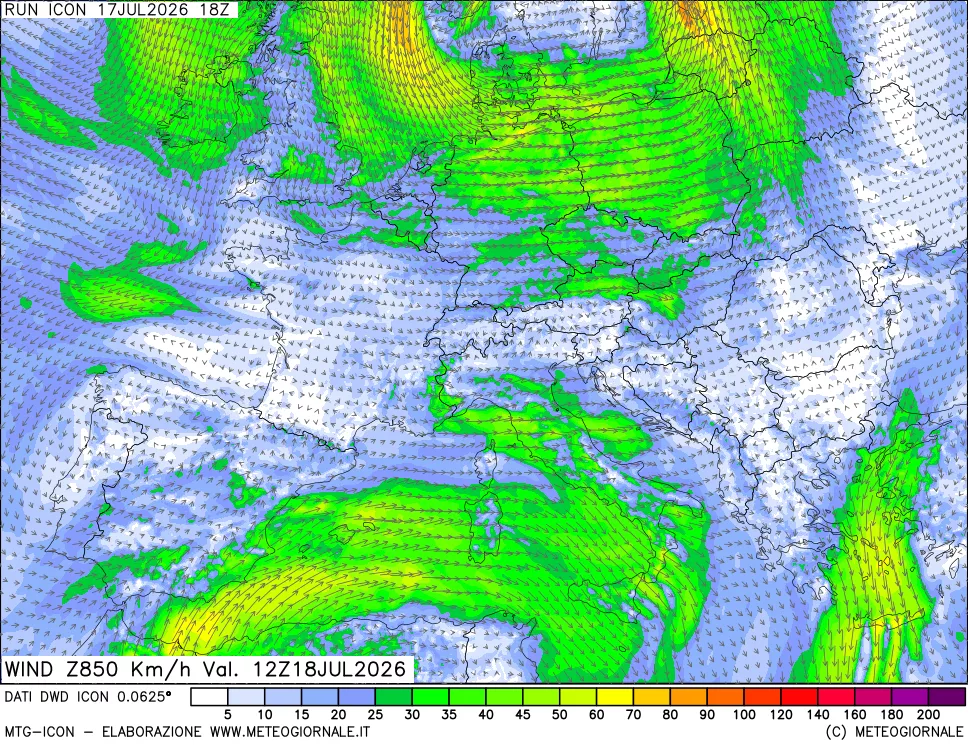 mappa 850 hPa Vento forza e direzione