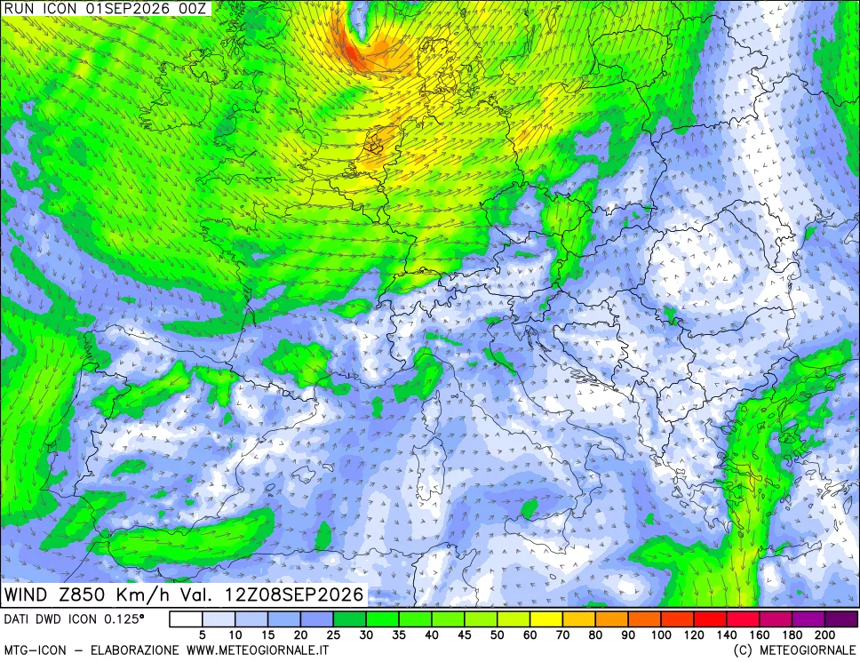 mappa 850 hPa Vento forza e direzione