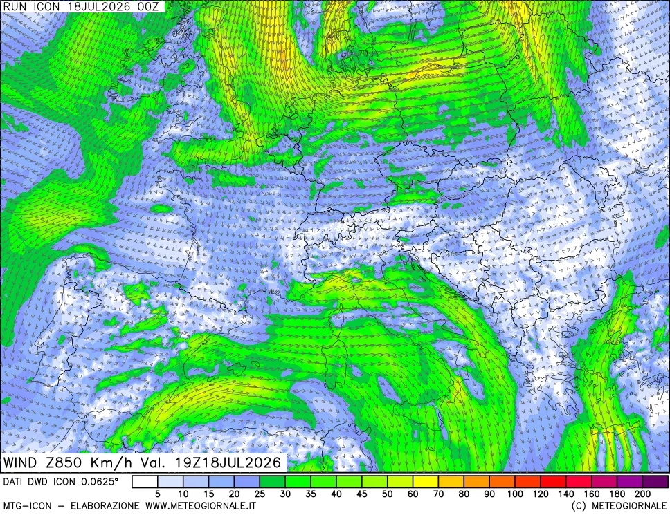 mappa 850 hPa Vento forza e direzione