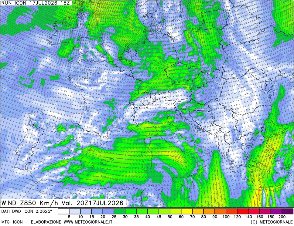 mappa 850 hPa Vento forza e direzione