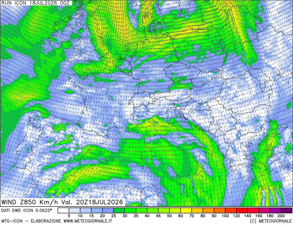 mappa 850 hPa Vento forza e direzione