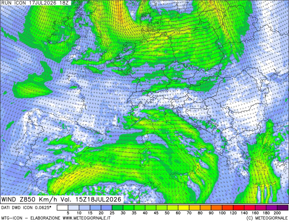 mappa 850 hPa Vento forza e direzione