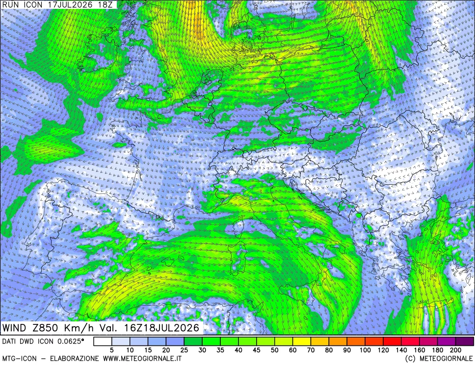 mappa 850 hPa Vento forza e direzione