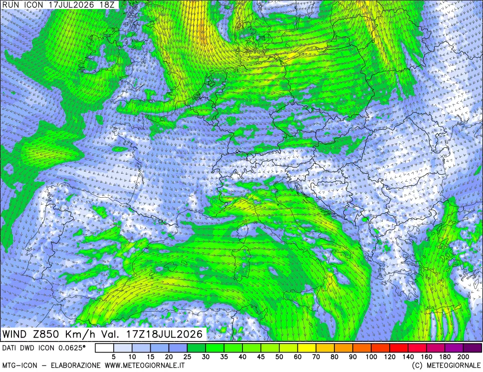 mappa 850 hPa Vento forza e direzione