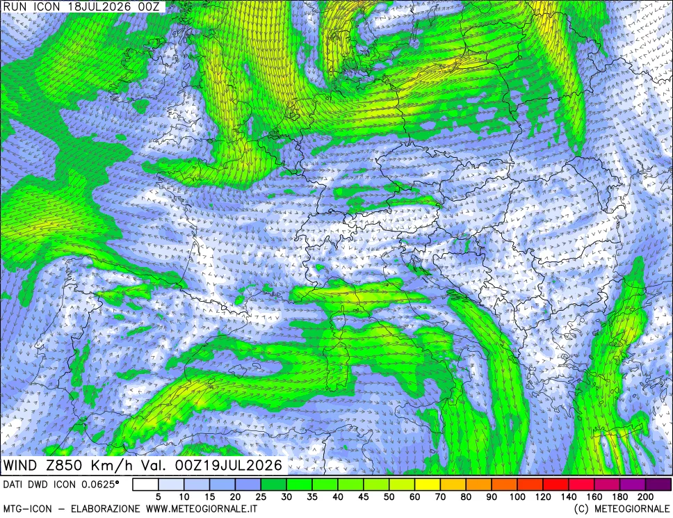 mappa 850 hPa Vento forza e direzione