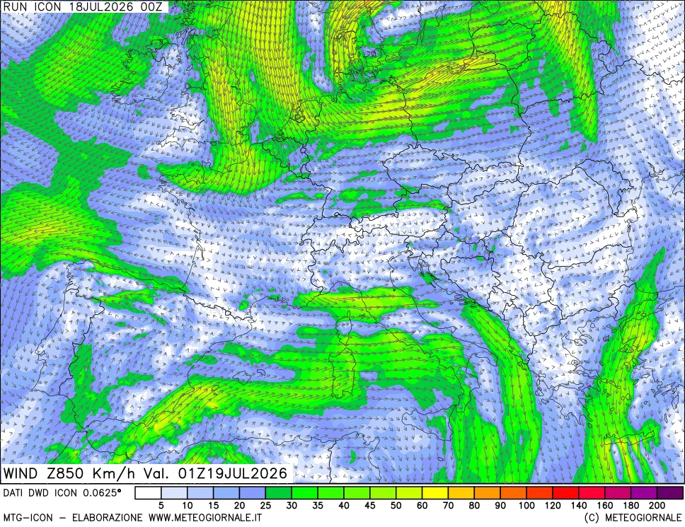 mappa 850 hPa Vento forza e direzione