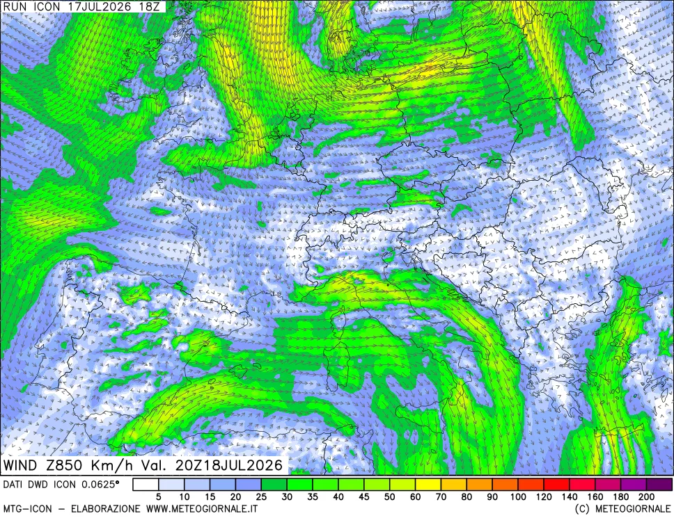 mappa 850 hPa Vento forza e direzione