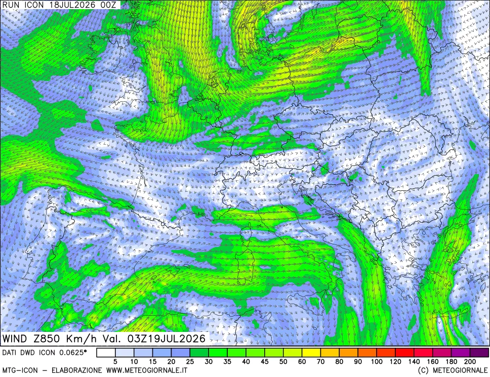 mappa 850 hPa Vento forza e direzione