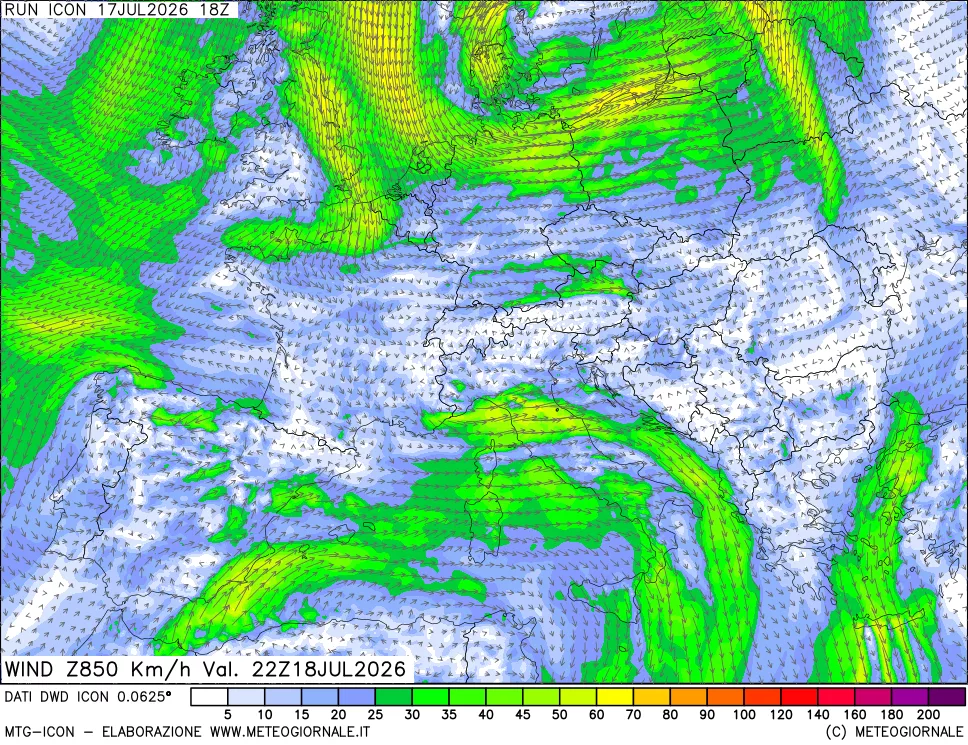 mappa 850 hPa Vento forza e direzione