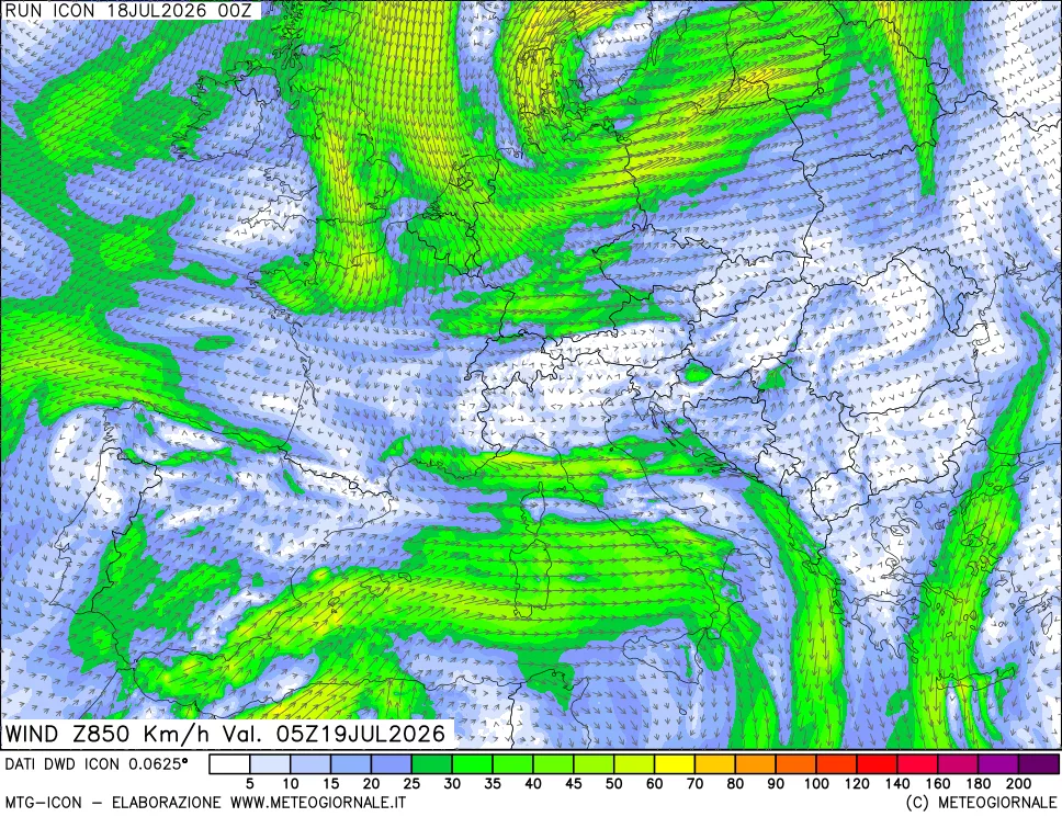 mappa 850 hPa Vento forza e direzione