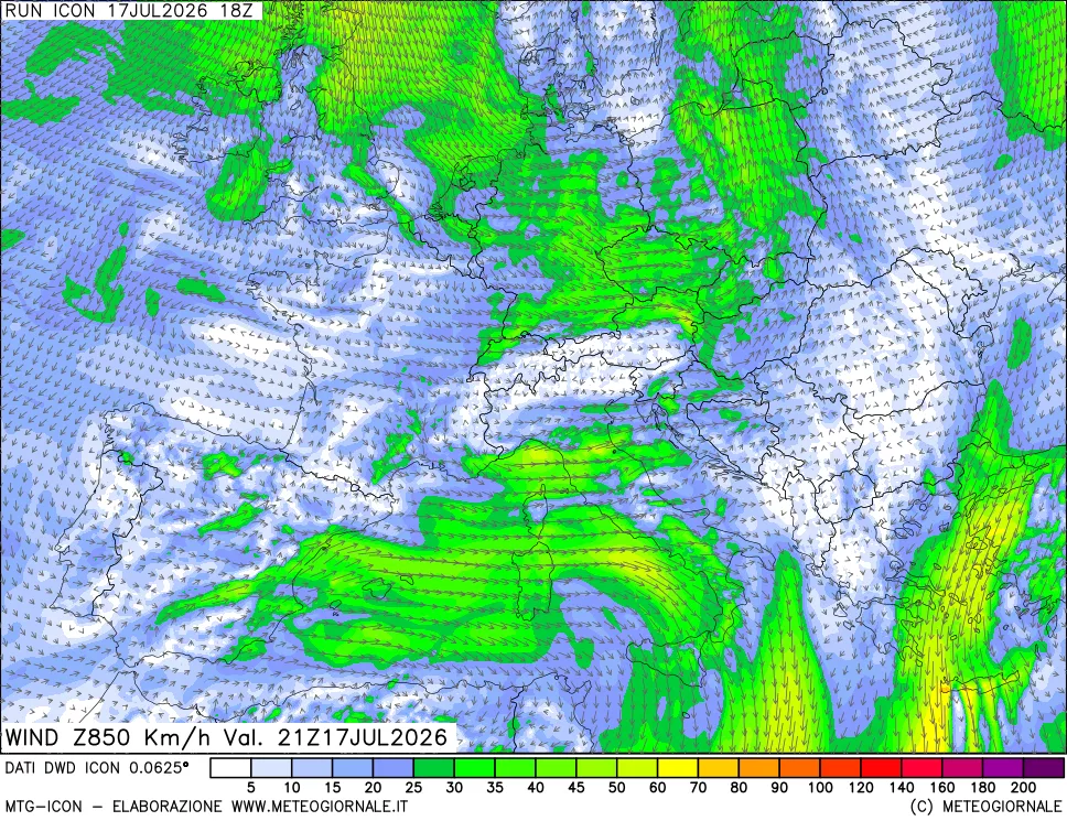 mappa 850 hPa Vento forza e direzione