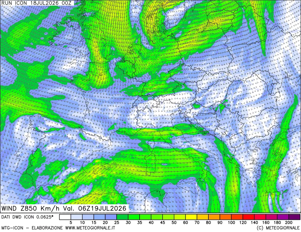 mappa 850 hPa Vento forza e direzione