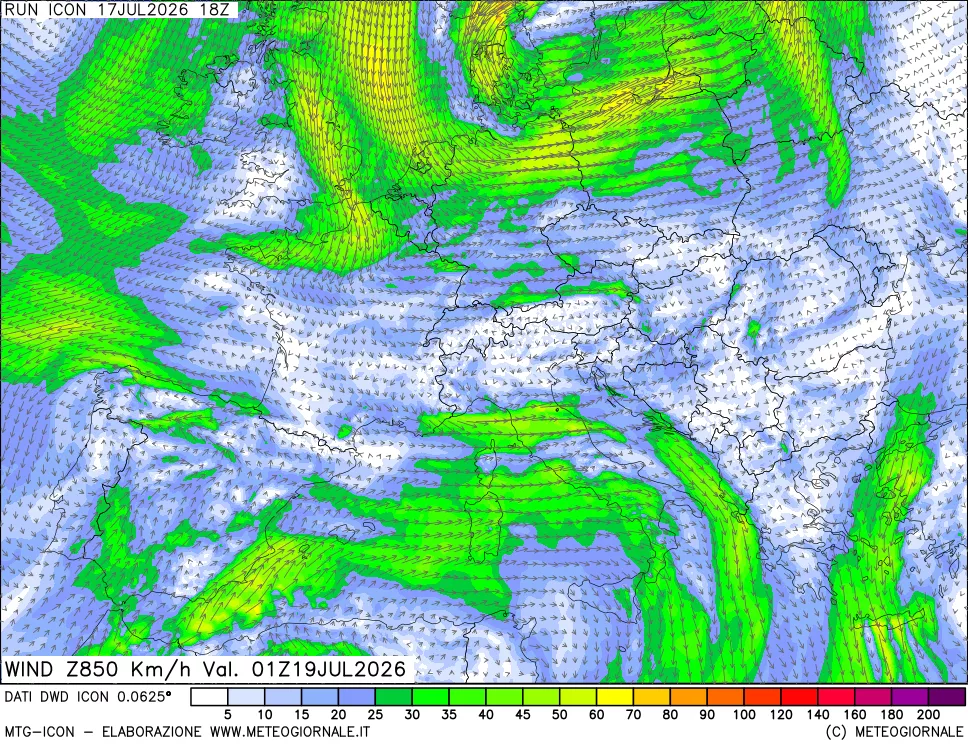 mappa 850 hPa Vento forza e direzione