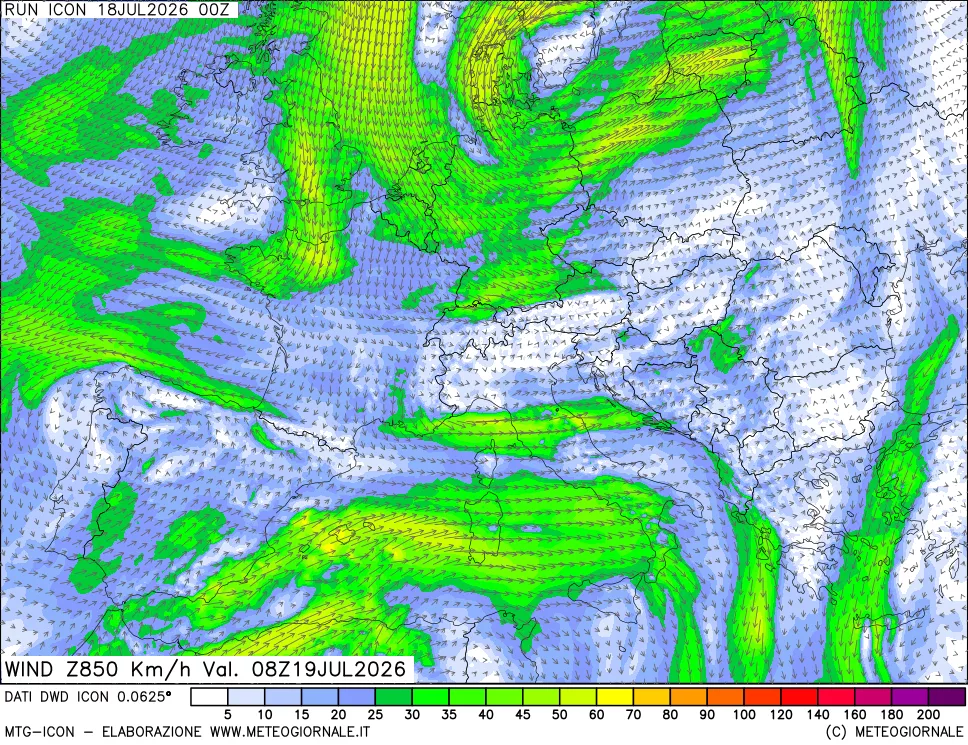 mappa 850 hPa Vento forza e direzione