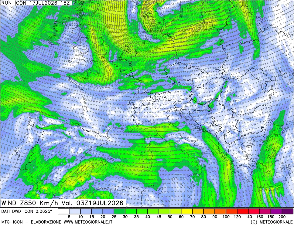 mappa 850 hPa Vento forza e direzione