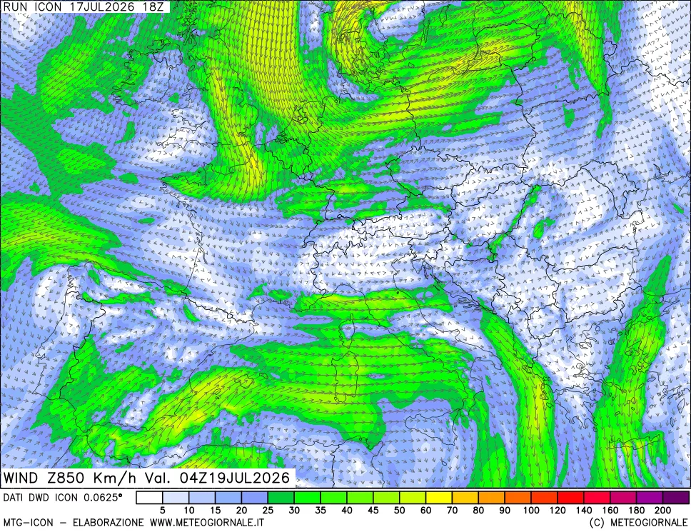 mappa 850 hPa Vento forza e direzione