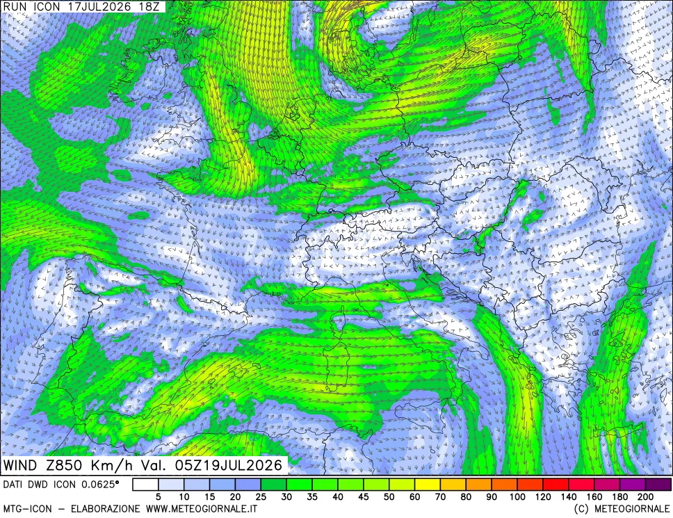mappa 850 hPa Vento forza e direzione