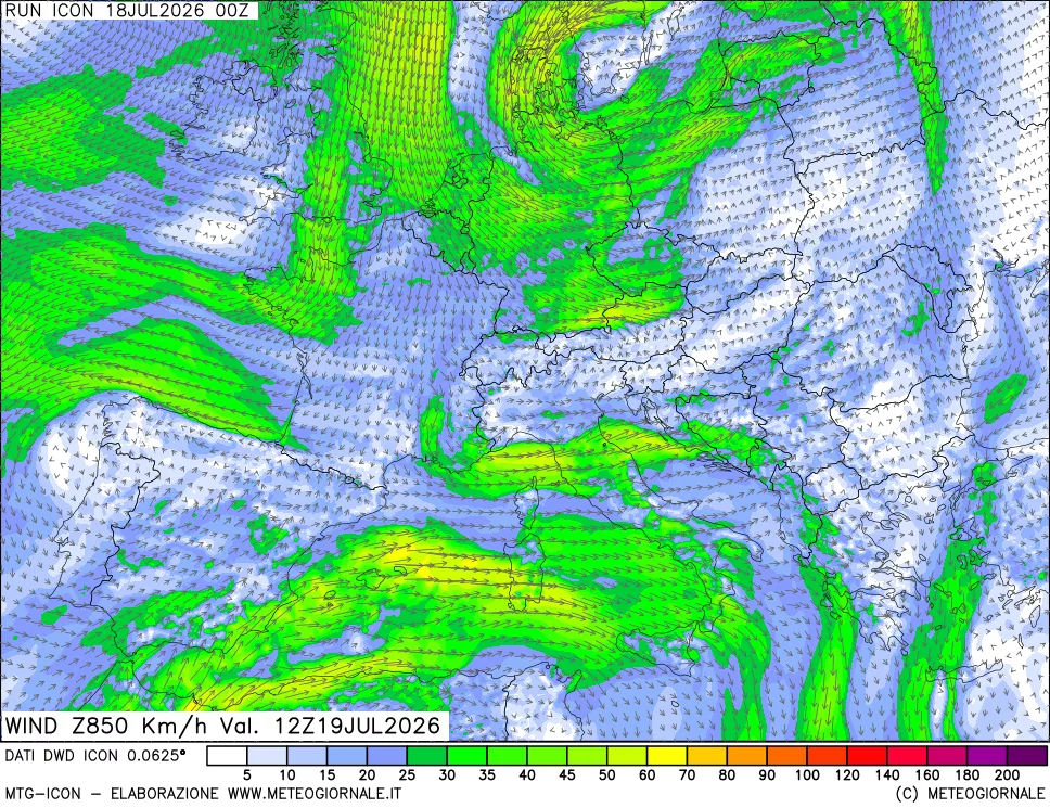 mappa 850 hPa Vento forza e direzione