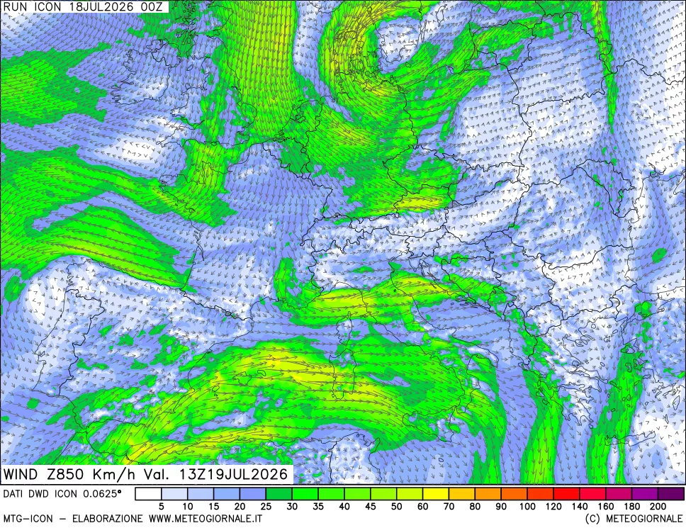 mappa 850 hPa Vento forza e direzione