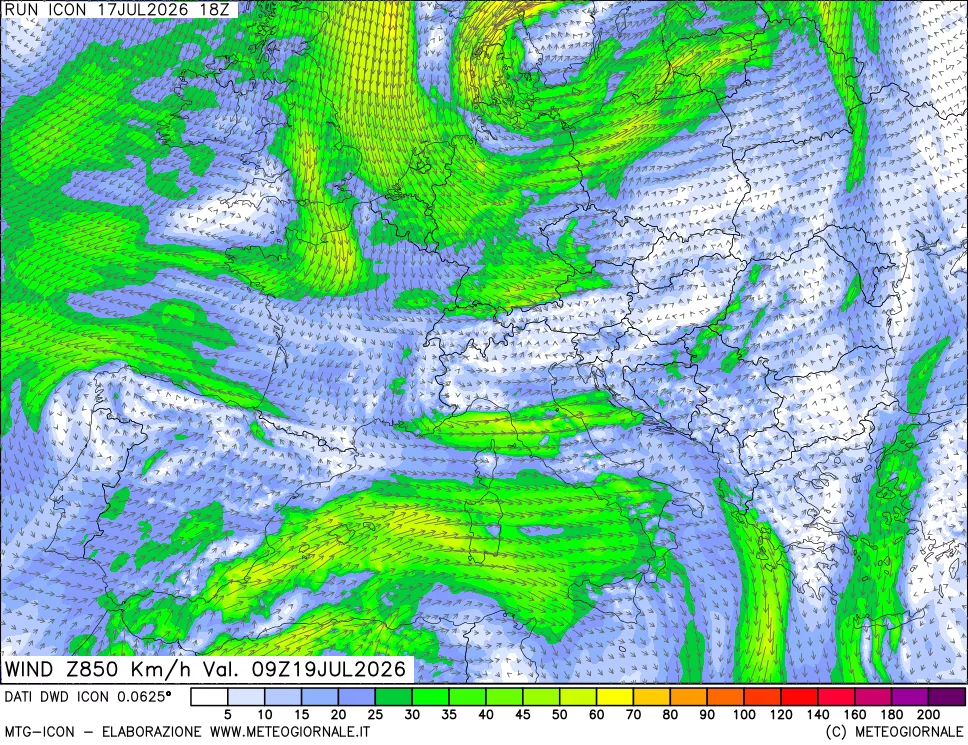 mappa 850 hPa Vento forza e direzione