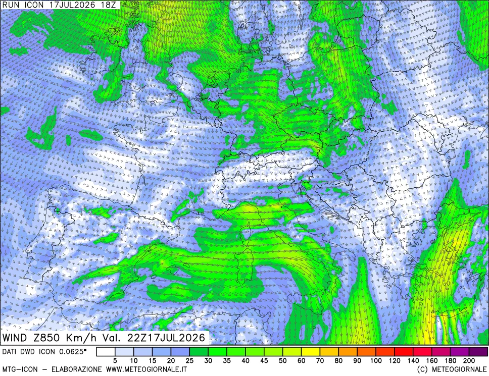 mappa 850 hPa Vento forza e direzione