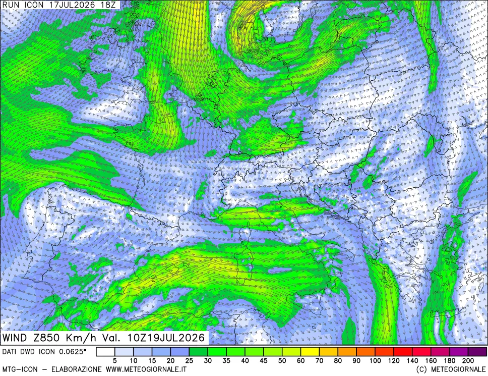 mappa 850 hPa Vento forza e direzione