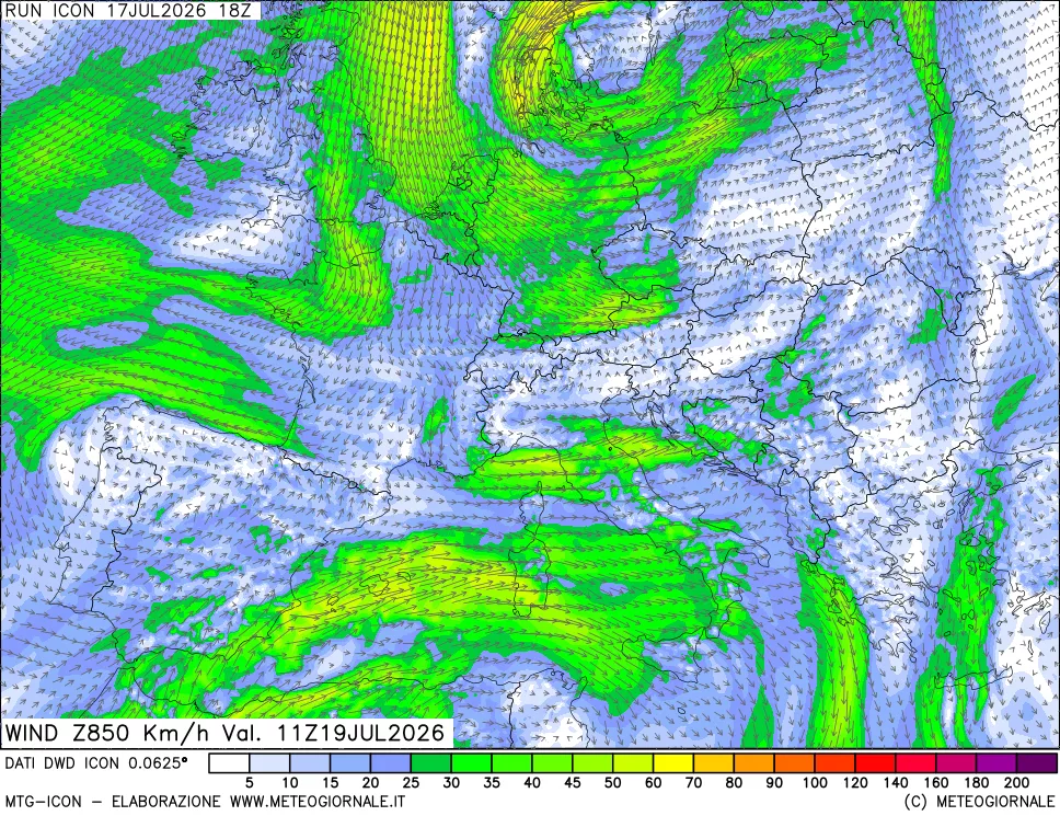 mappa 850 hPa Vento forza e direzione