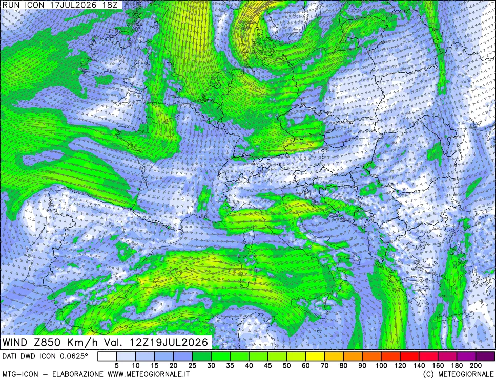 mappa 850 hPa Vento forza e direzione