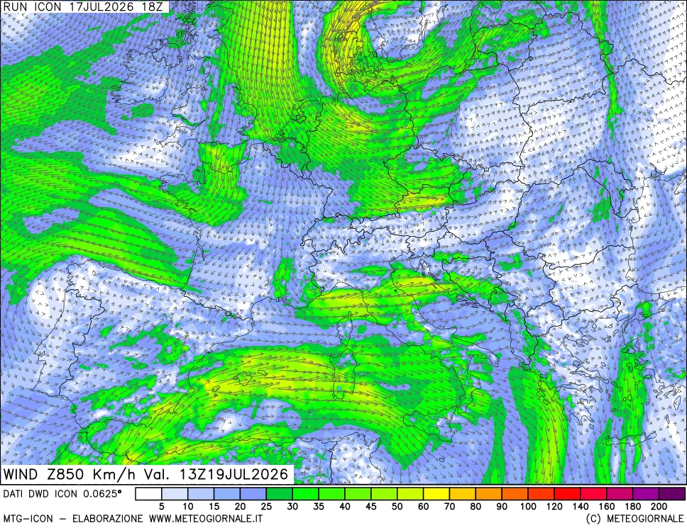 mappa 850 hPa Vento forza e direzione