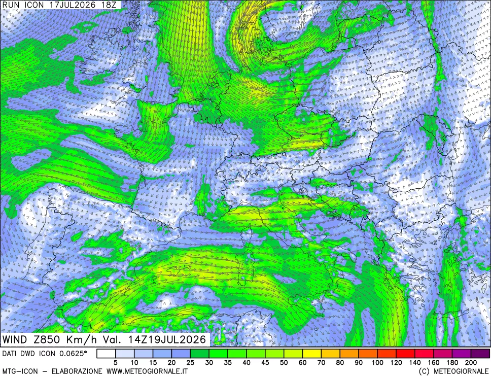 mappa 850 hPa Vento forza e direzione