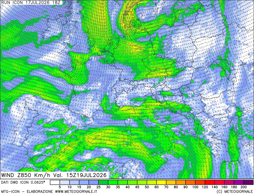 mappa 850 hPa Vento forza e direzione