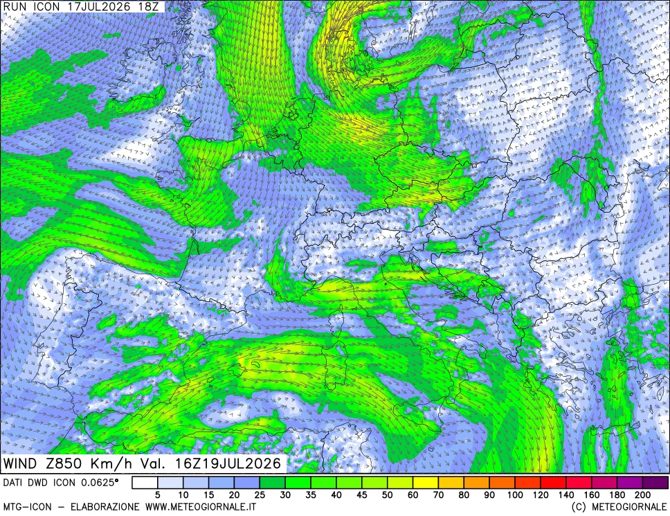 mappa 850 hPa Vento forza e direzione
